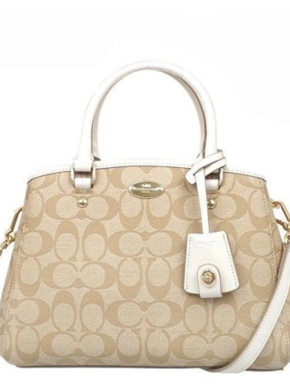 Coach Beige Signature Canvas Satchel with White Trim and Gold Hardware